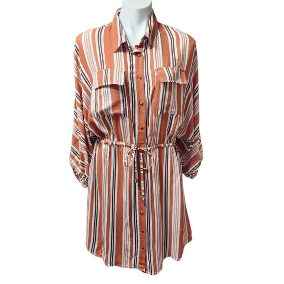 Easel button down shirt dress stripe pockets drawstring waist medium - Picture 1 of 11